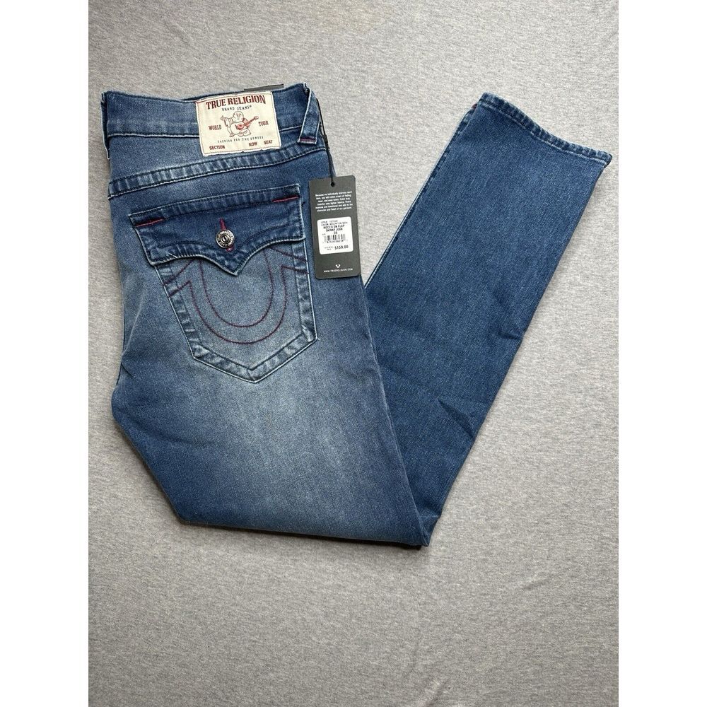 True Religion Jeans Men's Rocco SN Flap Relaxed Skinny Size 36x32 NWT Red Stitch